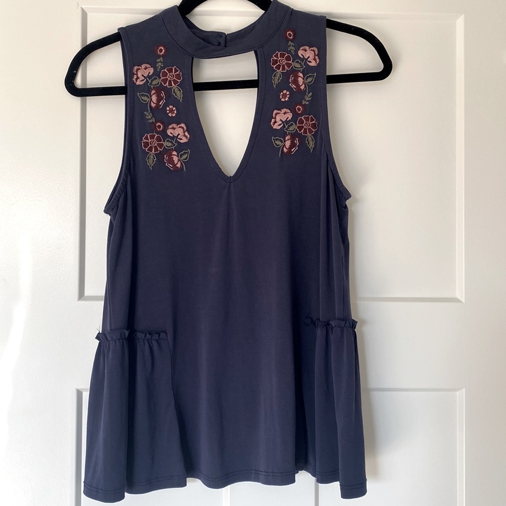 Navy v neck tank top with floral design